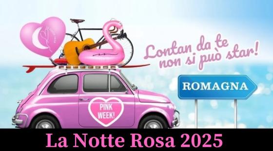 Evento estivo in Romagna con auto rosa e simboli vacanzieri.