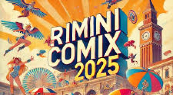 Illustrazione colorata di Rimini Comix 2025 con personaggi festosi.