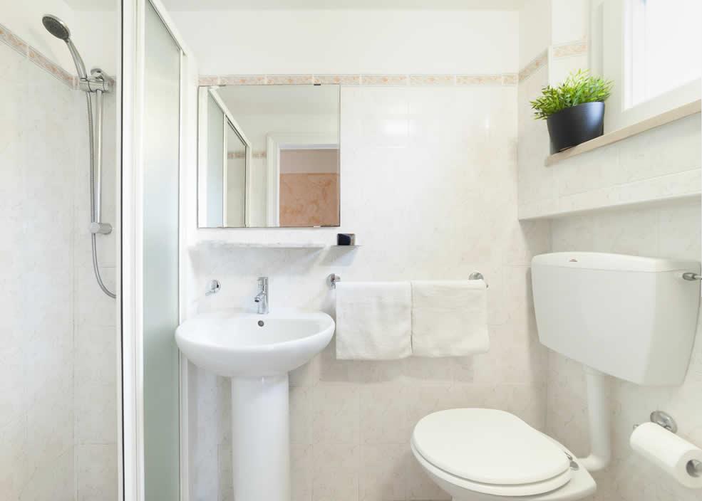 Bagno moderno con doccia, lavandino, WC e pianta decorativa.